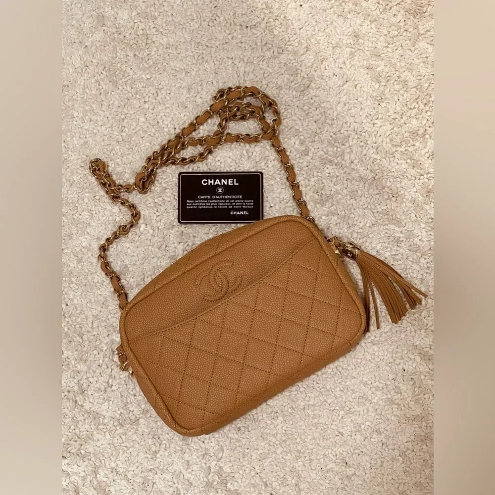 Chanel Matte Caviar Coco Tassel Camera Bag Brown Gold Hardware Series 26